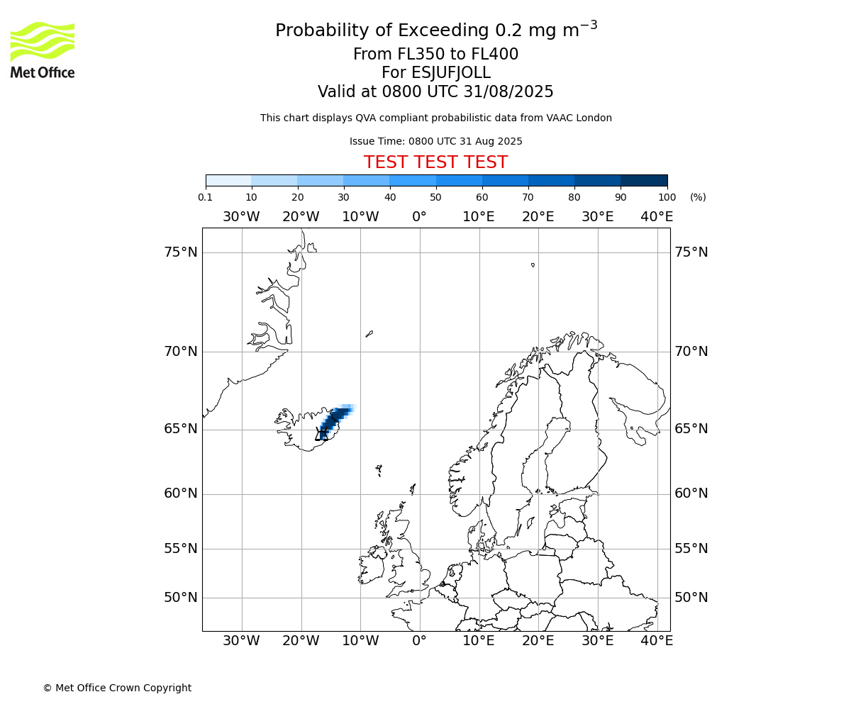 Probability of exceeding 0.2 milligrams per metre cubed. From 350 to 400 for ESJUFJOLL. Valid at 0800 UTC 31/08/2025