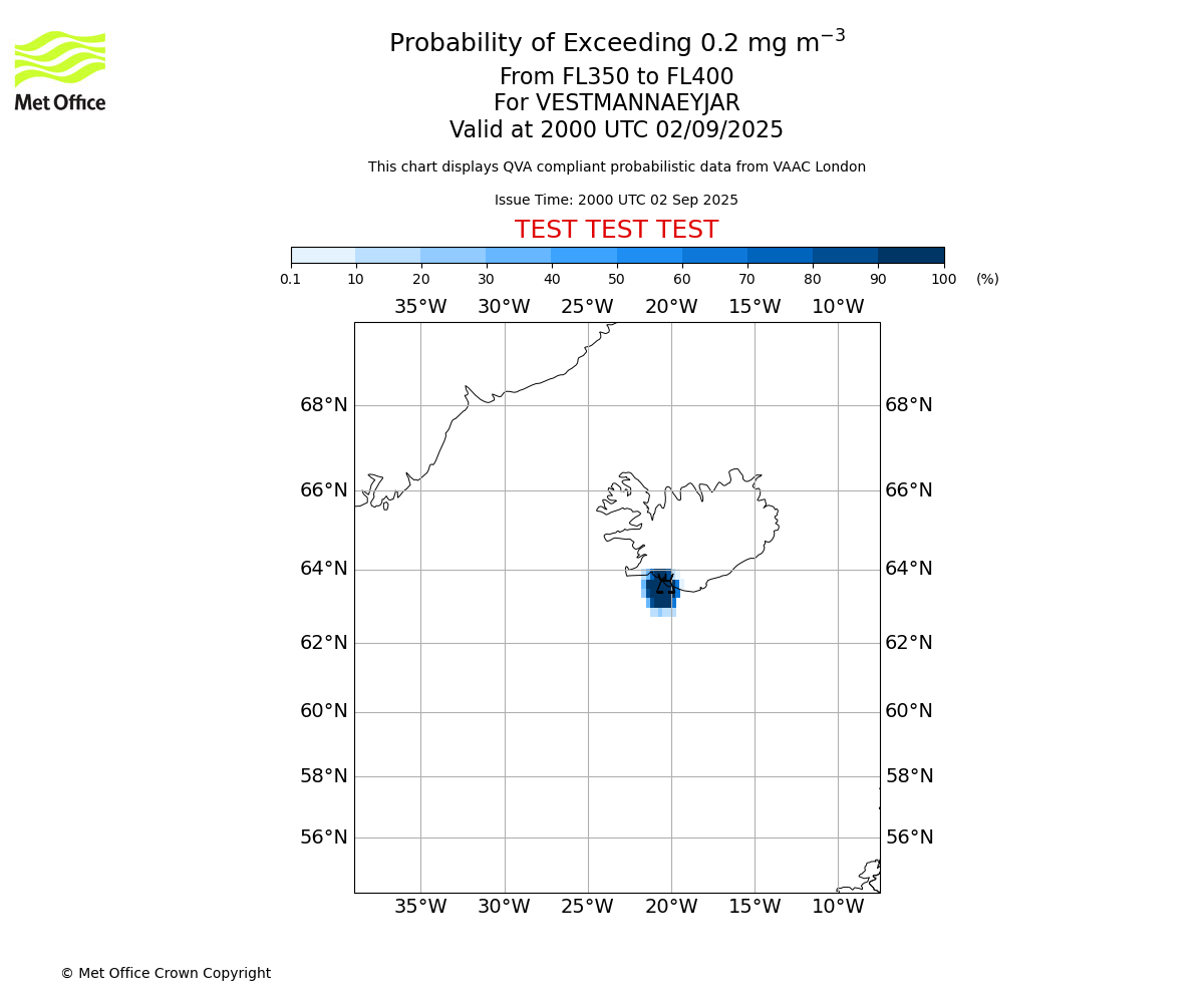 Probability of exceeding 0.2 milligrams per metre cubed. From 350 to 400 for VESTMANNAEYJAR. Valid at 2000 UTC 02/09/2025
