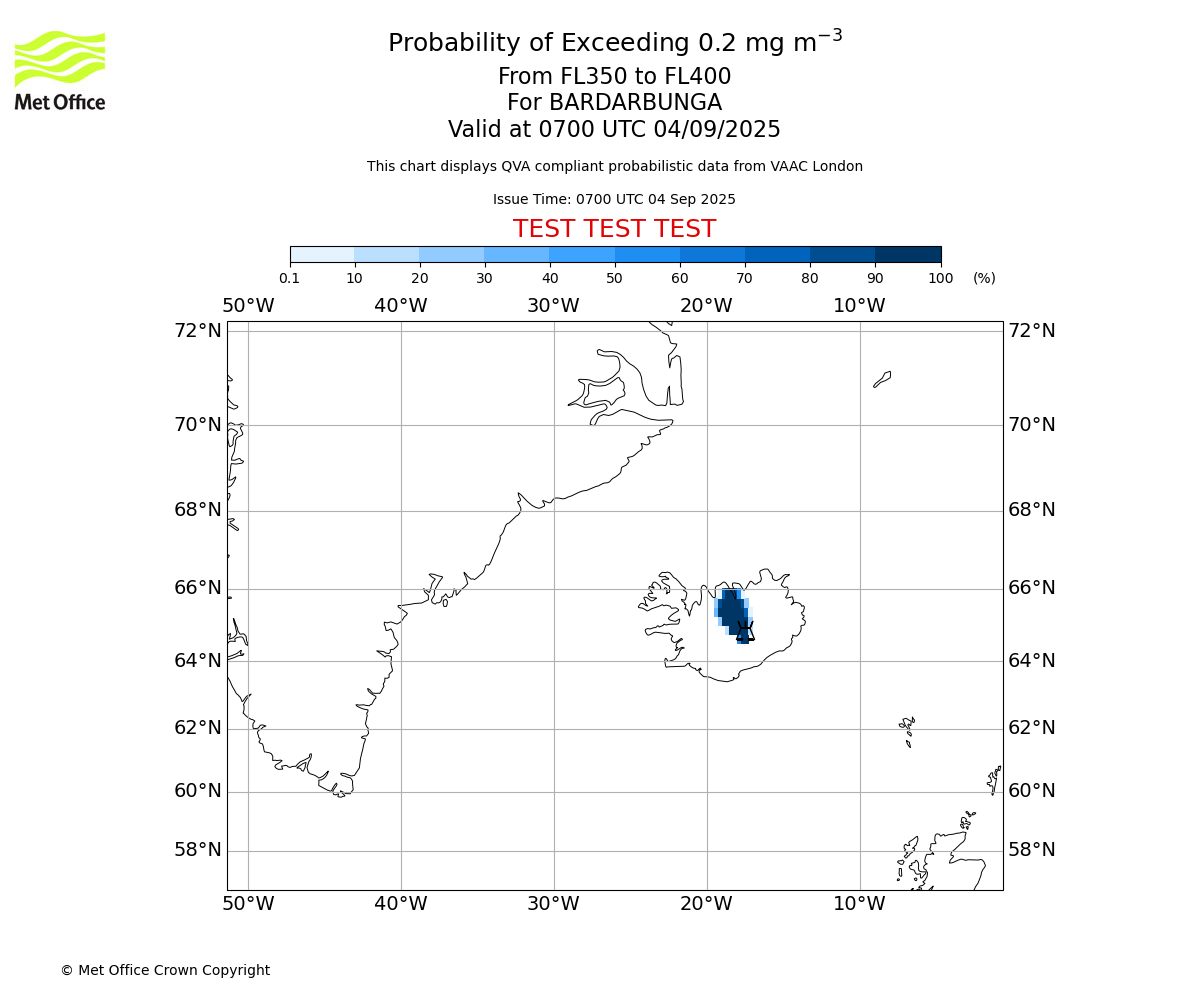 Probability of exceeding 0.2 milligrams per metre cubed. From 350 to 400 for BARDARBUNGA. Valid at 0700 UTC 04/09/2025