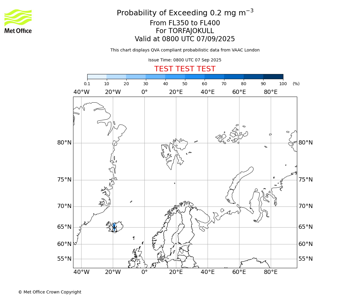Probability of exceeding 0.2 milligrams per metre cubed. From 350 to 400 for TORFAJOKULL. Valid at 0800 UTC 07/09/2025
