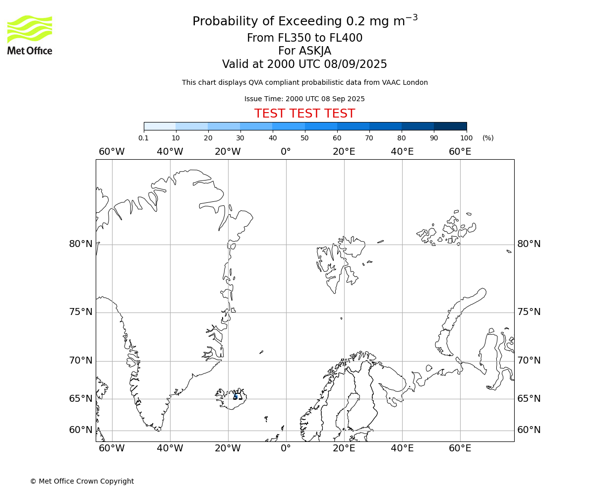 Probability of exceeding 0.2 milligrams per metre cubed. From 350 to 400 for ASKJA. Valid at 2000 UTC 08/09/2025