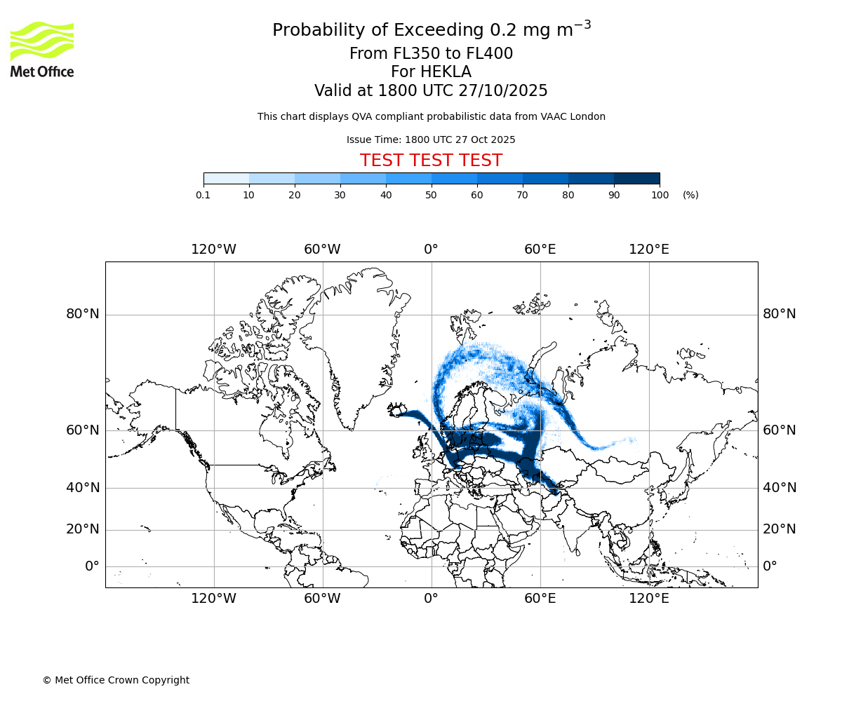 Probability of exceeding 0.2 milligrams per metre cubed. From 350 to 400 for HEKLA. Valid at 1800 UTC 27/10/2025