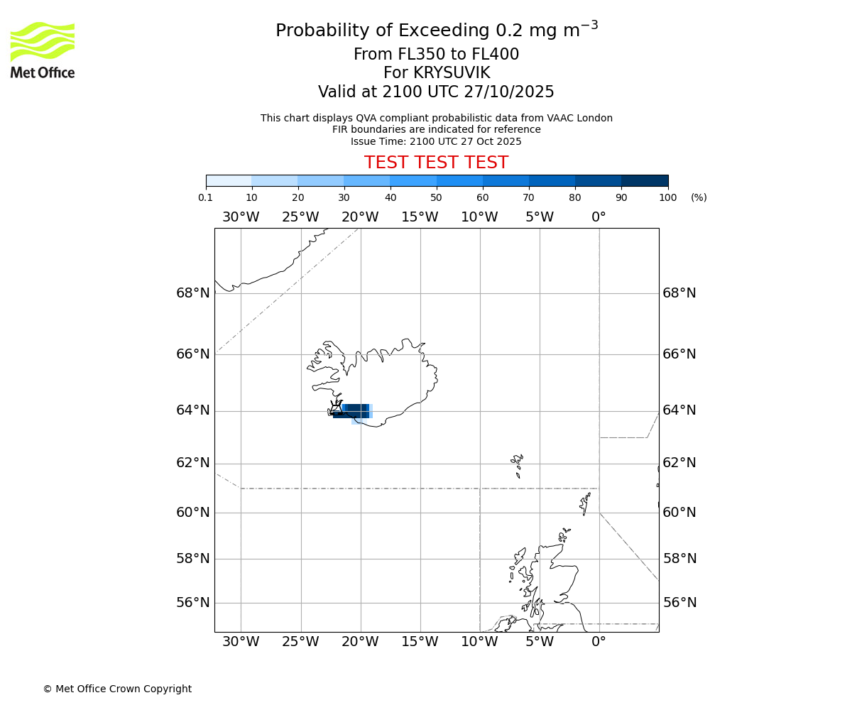 Probability of exceeding 0.2 milligrams per metre cubed. From 350 to 400 for KRYSUVIK. Valid at 2100 UTC 27/10/2025