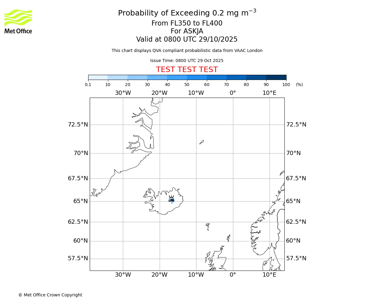 Probability of exceeding 0.2 milligrams per metre cubed. From 350 to 400 for ASKJA. Valid at 0800 UTC 29/10/2025