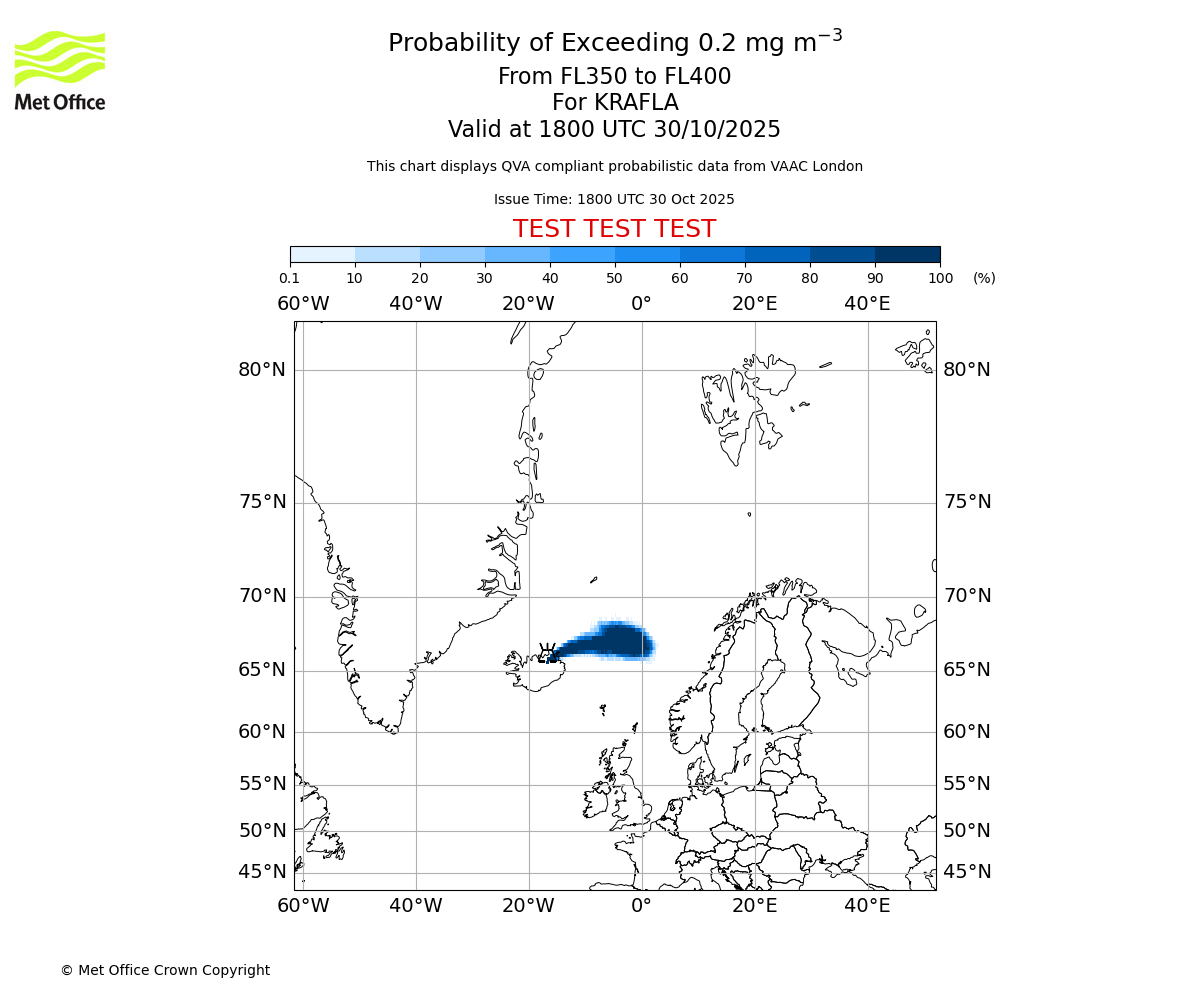 Probability of exceeding 0.2 milligrams per metre cubed. From 350 to 400 for KRAFLA. Valid at 1800 UTC 30/10/2025