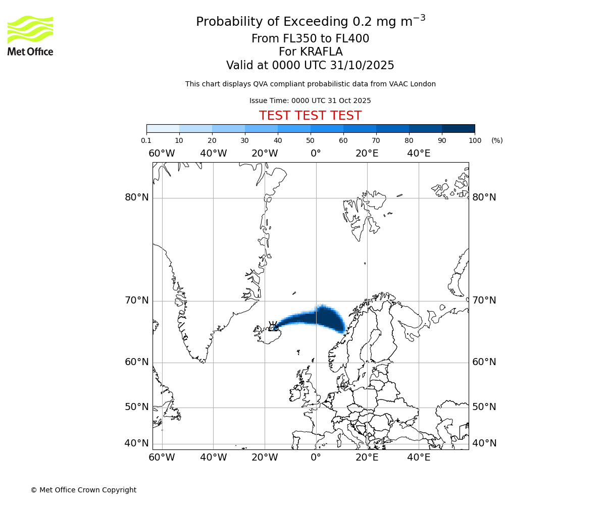Probability of exceeding 0.2 milligrams per metre cubed. From 350 to 400 for KRAFLA. Valid at 0000 UTC 31/10/2025
