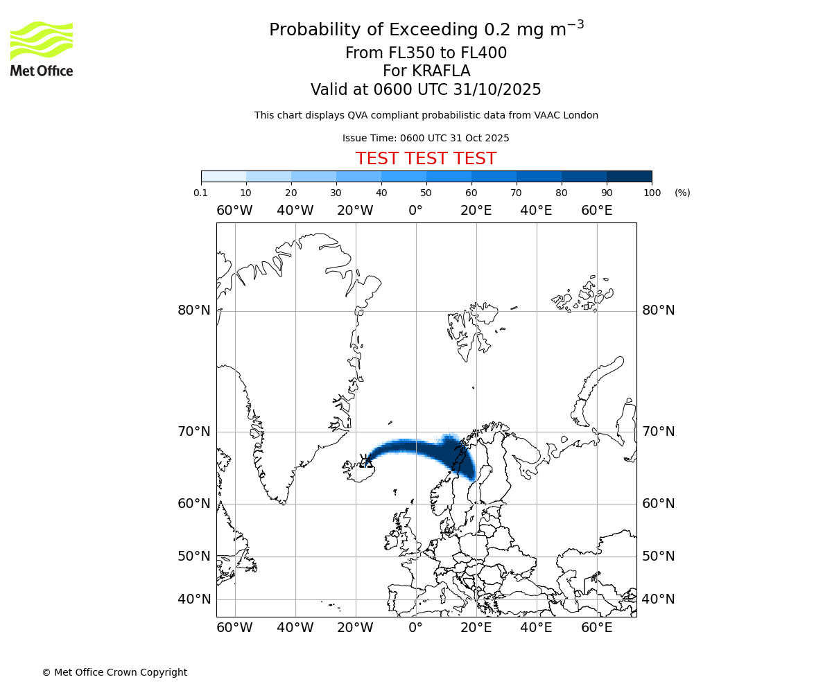 Probability of exceeding 0.2 milligrams per metre cubed. From 350 to 400 for KRAFLA. Valid at 0600 UTC 31/10/2025