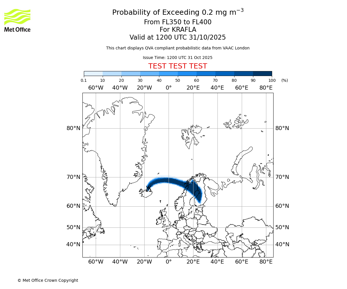 Probability of exceeding 0.2 milligrams per metre cubed. From 350 to 400 for KRAFLA. Valid at 1200 UTC 31/10/2025
