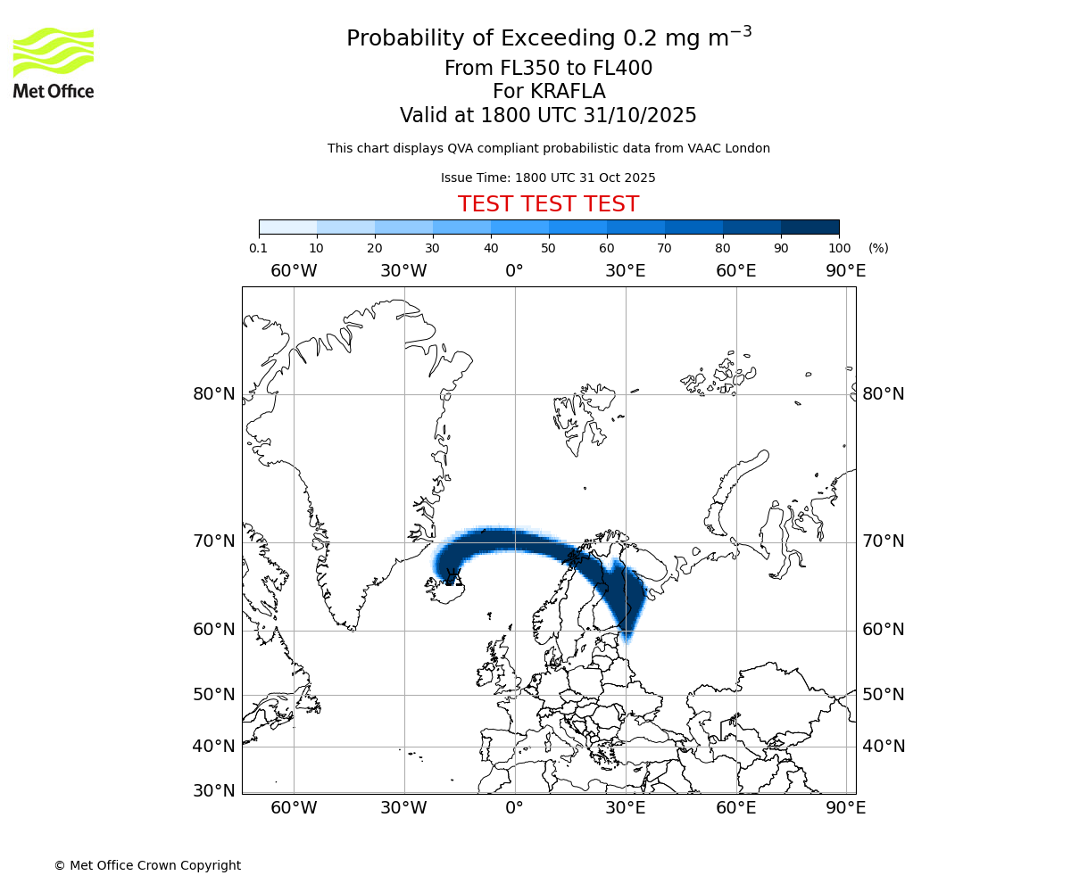 Probability of exceeding 0.2 milligrams per metre cubed. From 350 to 400 for KRAFLA. Valid at 1800 UTC 31/10/2025