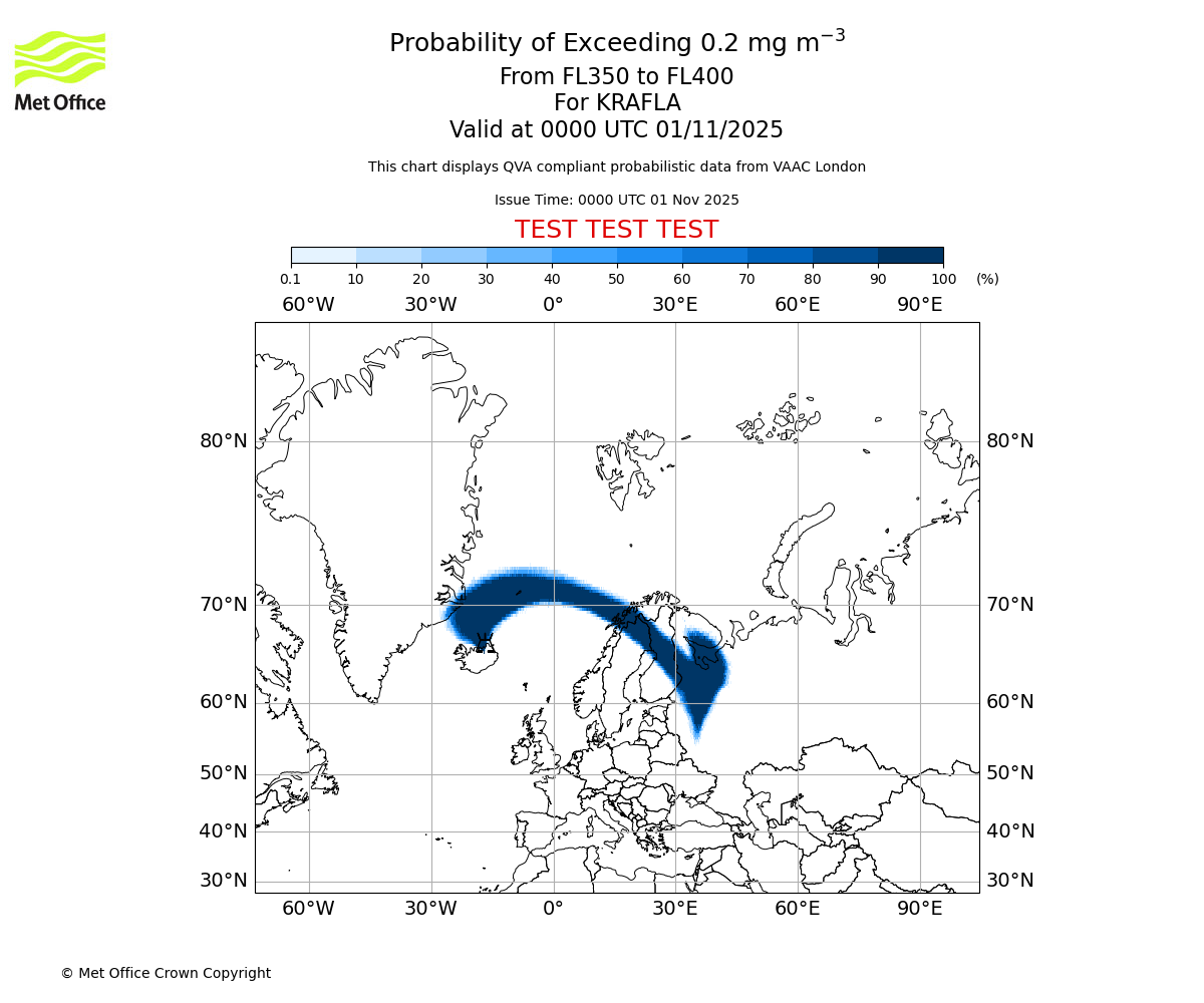 Probability of exceeding 0.2 milligrams per metre cubed. From 350 to 400 for KRAFLA. Valid at 0000 UTC 01/11/2025