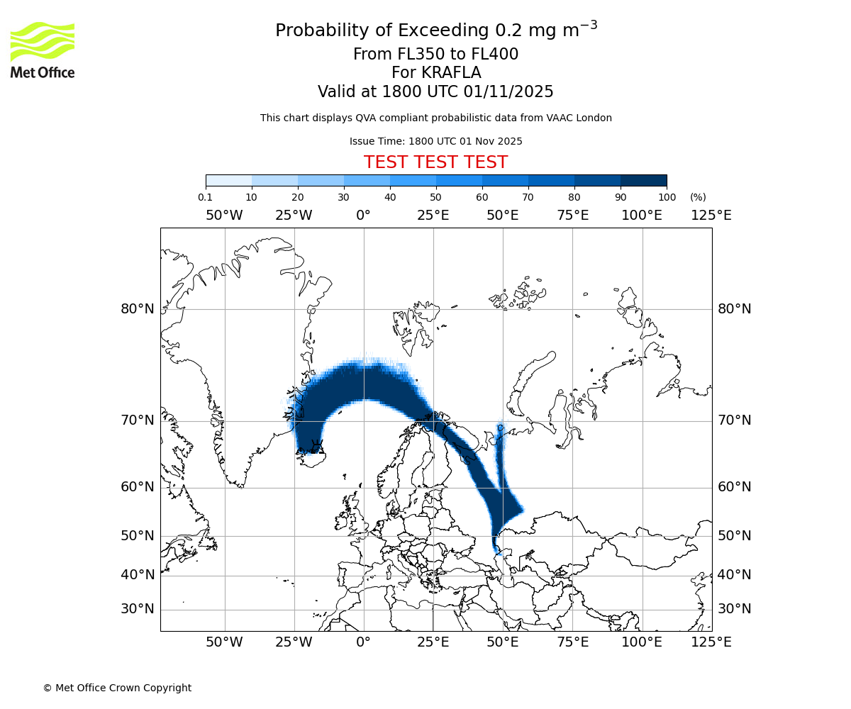 Probability of exceeding 0.2 milligrams per metre cubed. From 350 to 400 for KRAFLA. Valid at 1800 UTC 01/11/2025