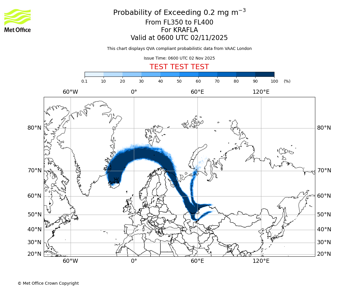 Probability of exceeding 0.2 milligrams per metre cubed. From 350 to 400 for KRAFLA. Valid at 0600 UTC 02/11/2025