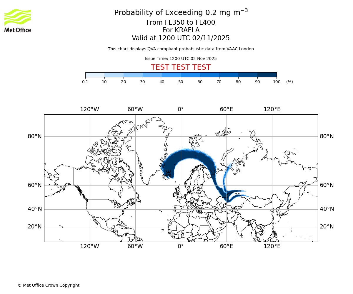 Probability of exceeding 0.2 milligrams per metre cubed. From 350 to 400 for KRAFLA. Valid at 1200 UTC 02/11/2025