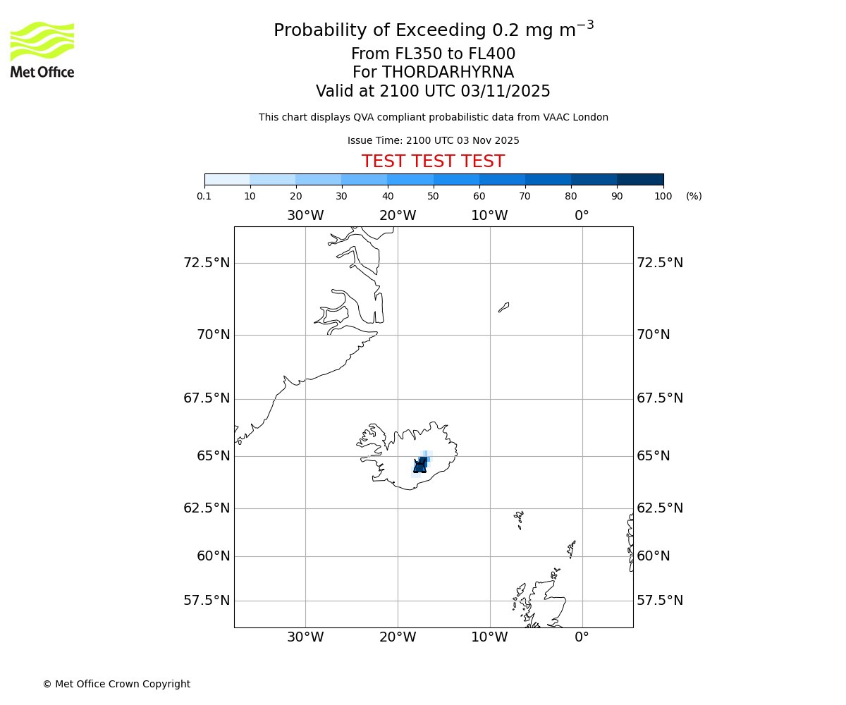 Probability of exceeding 0.2 milligrams per metre cubed. From 350 to 400 for THORDARHYRNA. Valid at 2100 UTC 03/11/2025