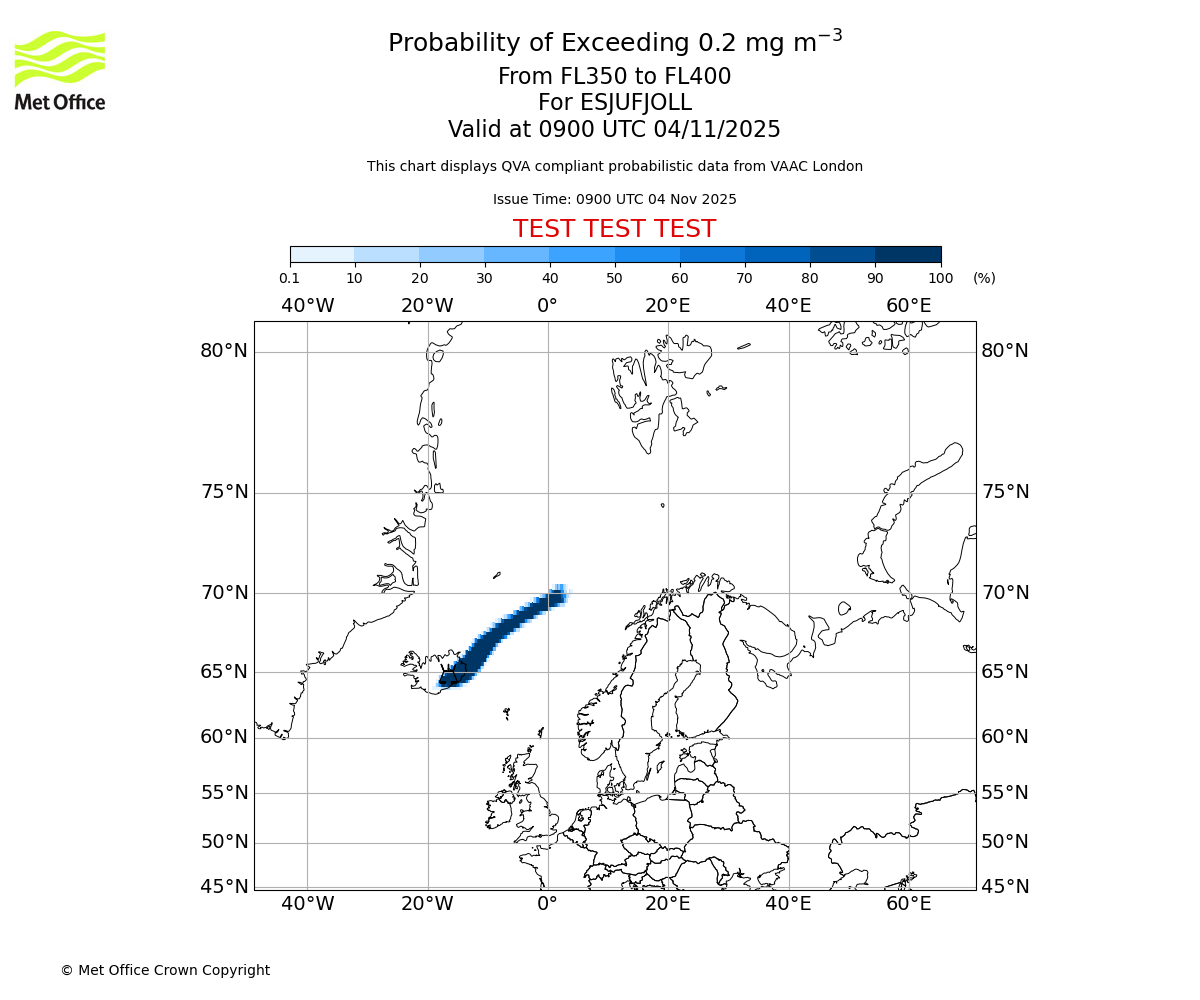 Probability of exceeding 0.2 milligrams per metre cubed. From 350 to 400 for ESJUFJOLL. Valid at 0900 UTC 04/11/2025