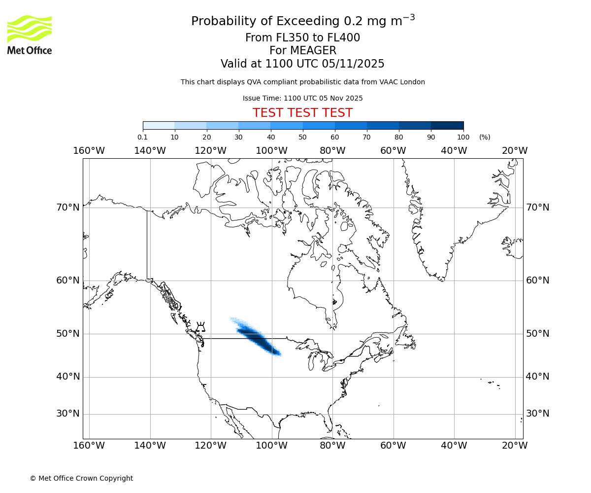 Probability of exceeding 0.2 milligrams per metre cubed. From 350 to 400 for MEAGER. Valid at 1100 UTC 05/11/2025