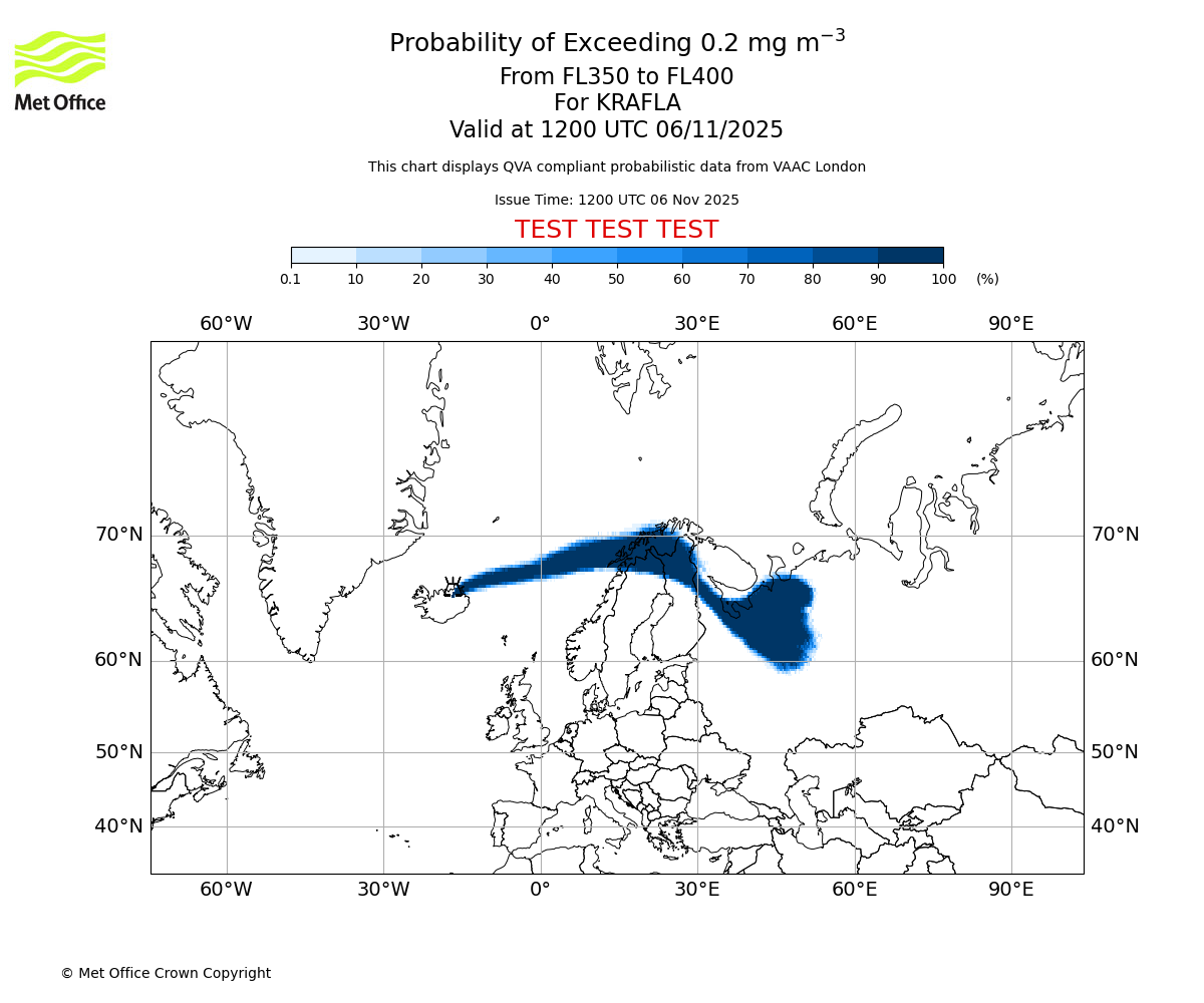 Probability of exceeding 0.2 milligrams per metre cubed. From 350 to 400 for KRAFLA. Valid at 1200 UTC 06/11/2025