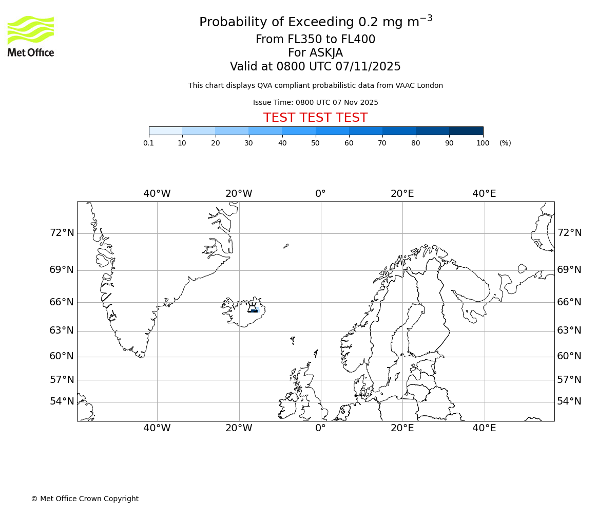 Probability of exceeding 0.2 milligrams per metre cubed. From 350 to 400 for ASKJA. Valid at 0800 UTC 07/11/2025