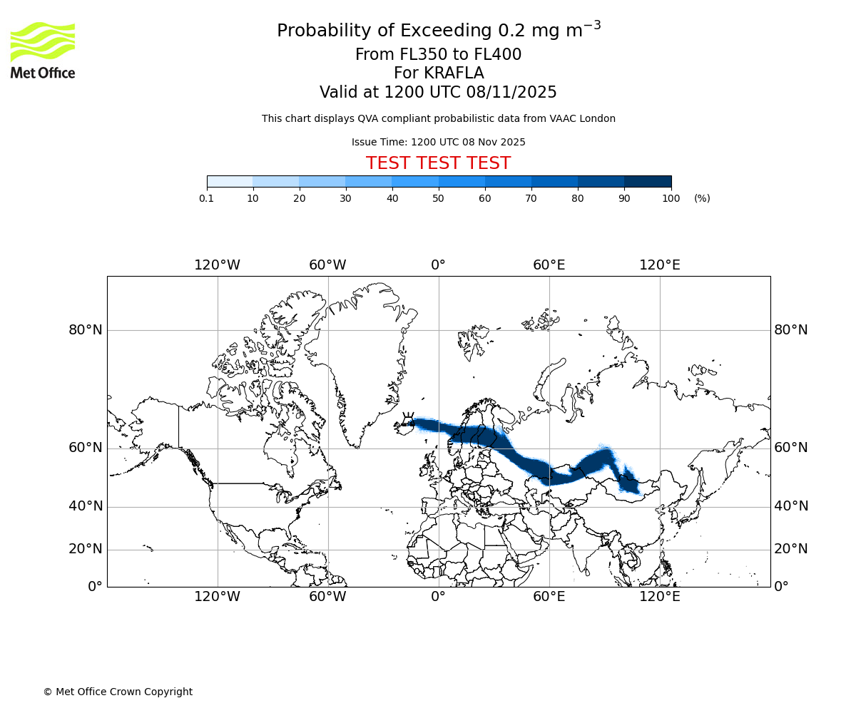 Probability of exceeding 0.2 milligrams per metre cubed. From 350 to 400 for KRAFLA. Valid at 1200 UTC 08/11/2025
