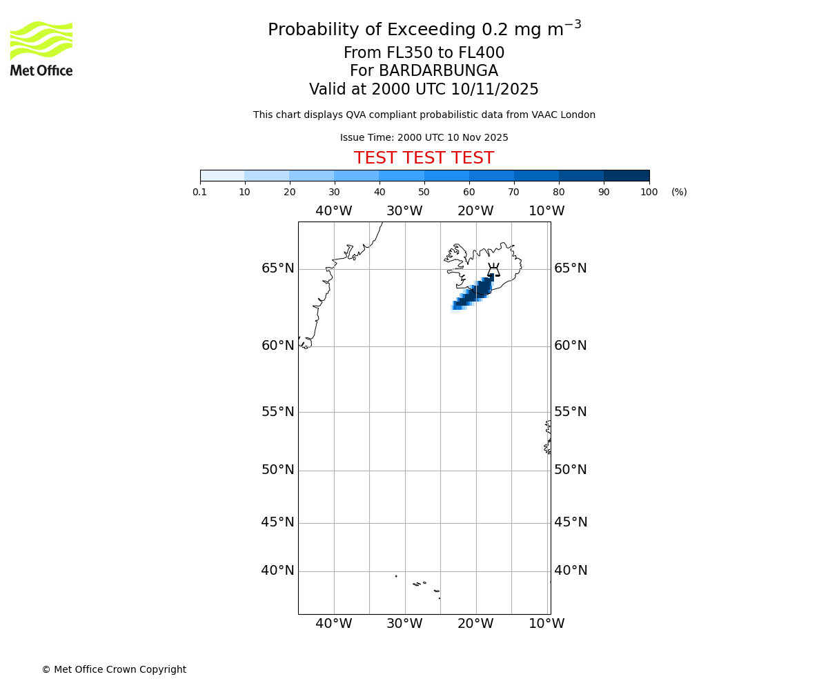 Probability of exceeding 0.2 milligrams per metre cubed. From 350 to 400 for BARDARBUNGA. Valid at 2000 UTC 10/11/2025