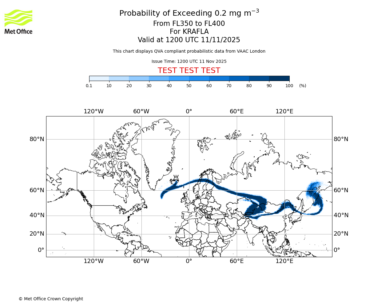 Probability of exceeding 0.2 milligrams per metre cubed. From 350 to 400 for KRAFLA. Valid at 1200 UTC 11/11/2025
