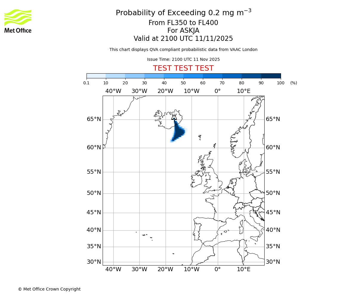 Probability of exceeding 0.2 milligrams per metre cubed. From 350 to 400 for ASKJA. Valid at 2100 UTC 11/11/2025