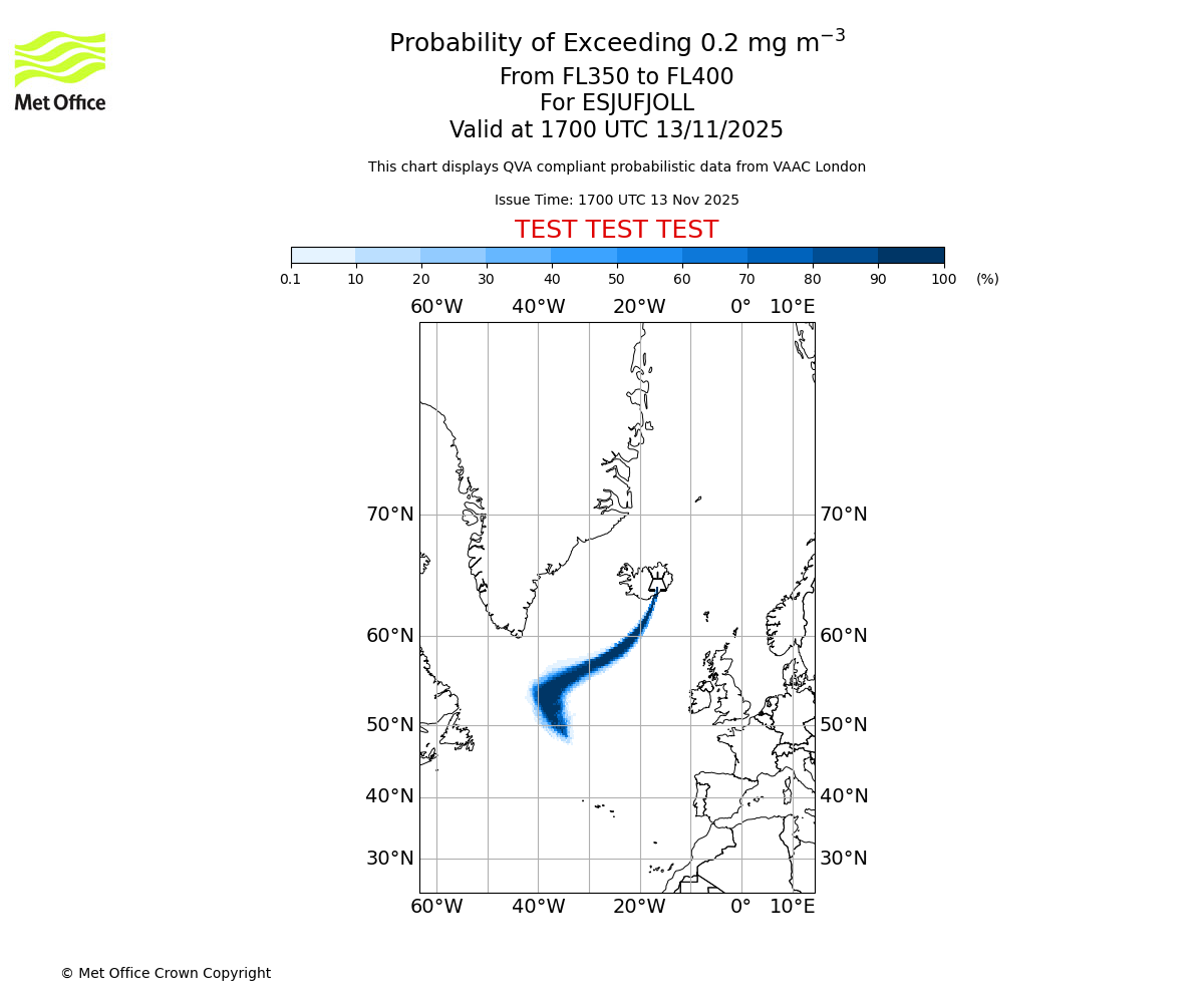 Probability of exceeding 0.2 milligrams per metre cubed. From 350 to 400 for ESJUFJOLL. Valid at 1700 UTC 13/11/2025