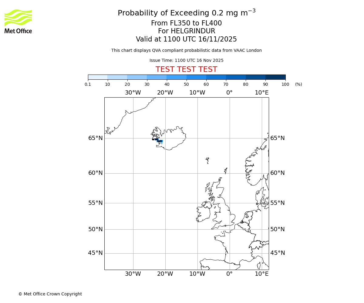 Probability of exceeding 0.2 milligrams per metre cubed. From 350 to 400 for HELGRINDUR. Valid at 1100 UTC 16/11/2025
