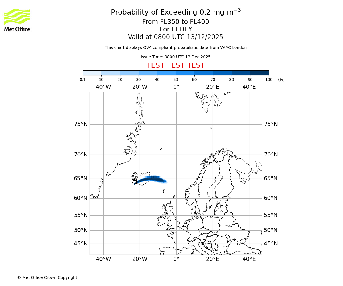 Probability of exceeding 0.2 milligrams per metre cubed. From 350 to 400 for ELDEY. Valid at 0800 UTC 13/12/2025