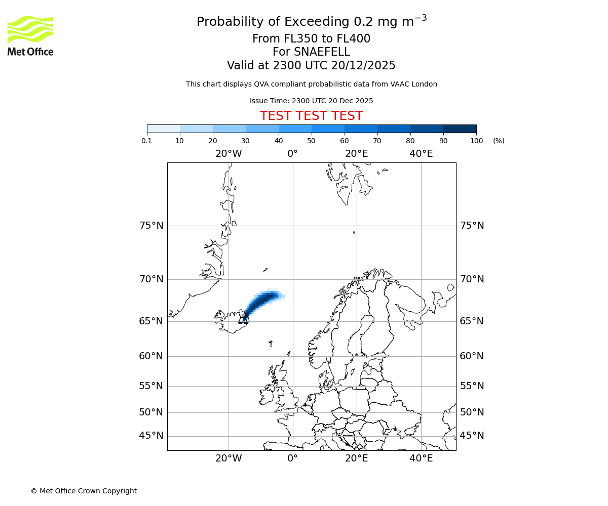 Probability of exceeding 0.2 milligrams per metre cubed. From 350 to 400 for SNAEFELL. Valid at 2300 UTC 20/12/2025
