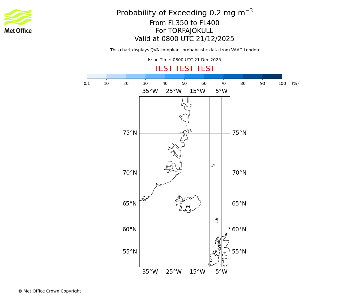 Probability of exceeding 0.2 milligrams per metre cubed. From 350 to 400 for TORFAJOKULL. Valid at 0800 UTC 21/12/2025