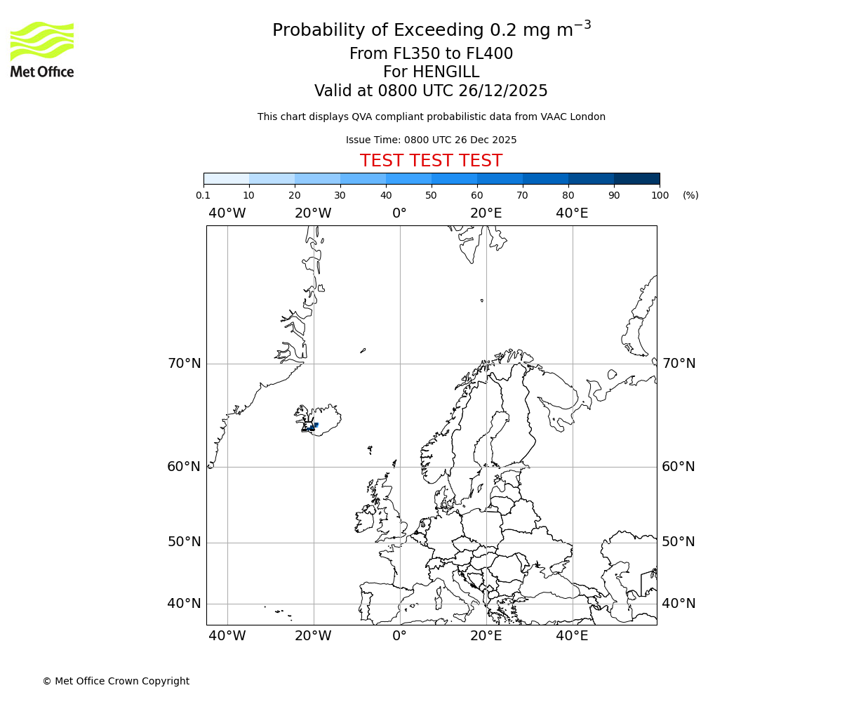 Probability of exceeding 0.2 milligrams per metre cubed. From 350 to 400 for HENGILL. Valid at 0800 UTC 26/12/2025