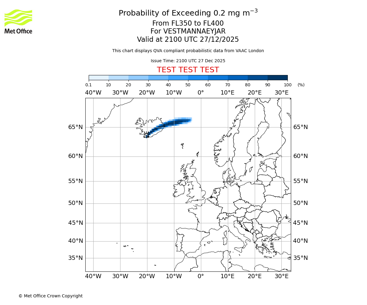 Probability of exceeding 0.2 milligrams per metre cubed. From 350 to 400 for VESTMANNAEYJAR. Valid at 2100 UTC 27/12/2025