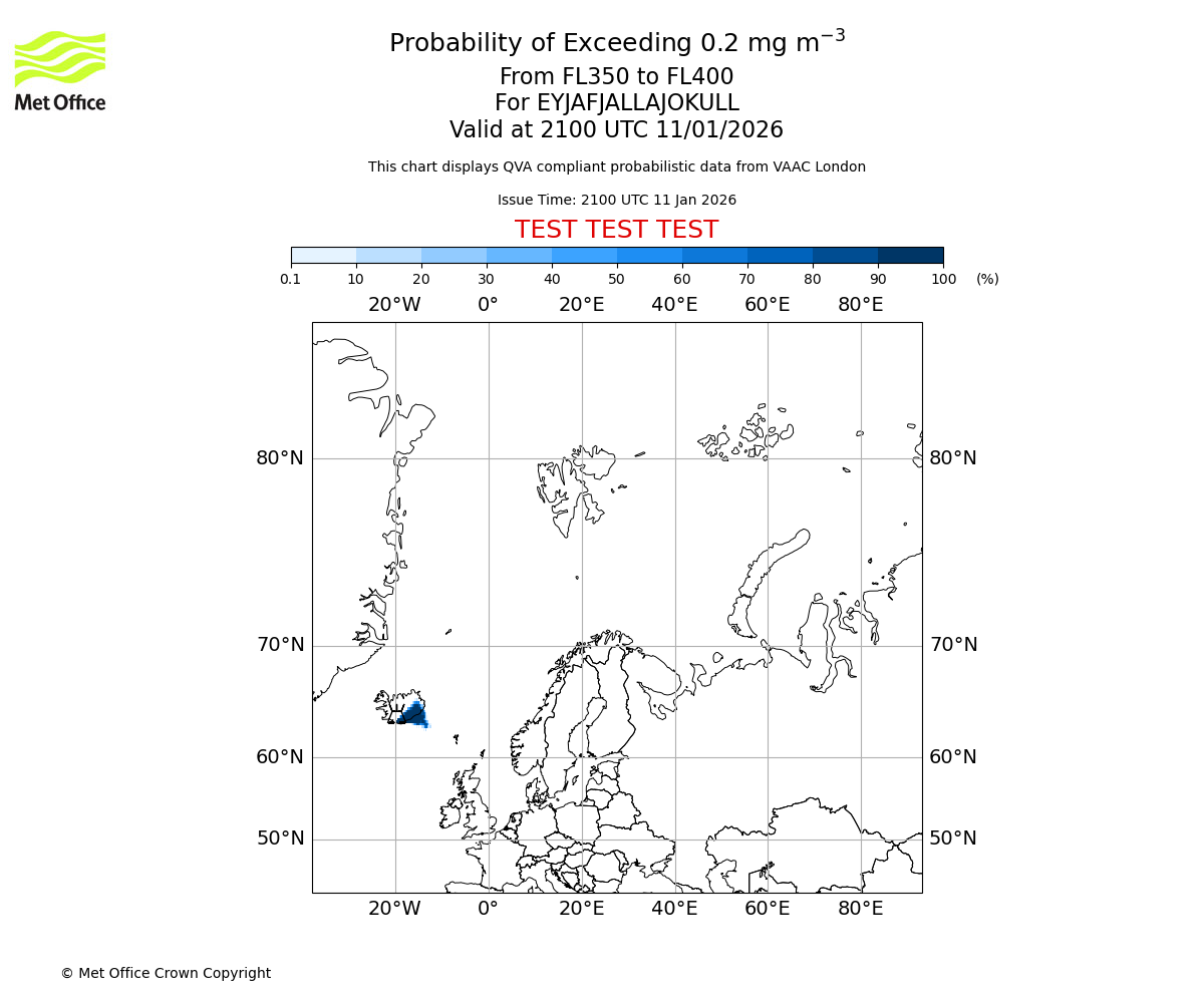 Probability of exceeding 0.2 milligrams per metre cubed. From 350 to 400 for EYJAFJALLAJOKULL. Valid at 2100 UTC 11/01/2026