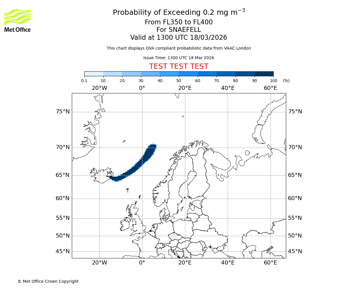 Probability of exceeding 0.2 milligrams per metre cubed. From 350 to 400 for SNAEFELL. Valid at 1300 UTC 18/03/2026