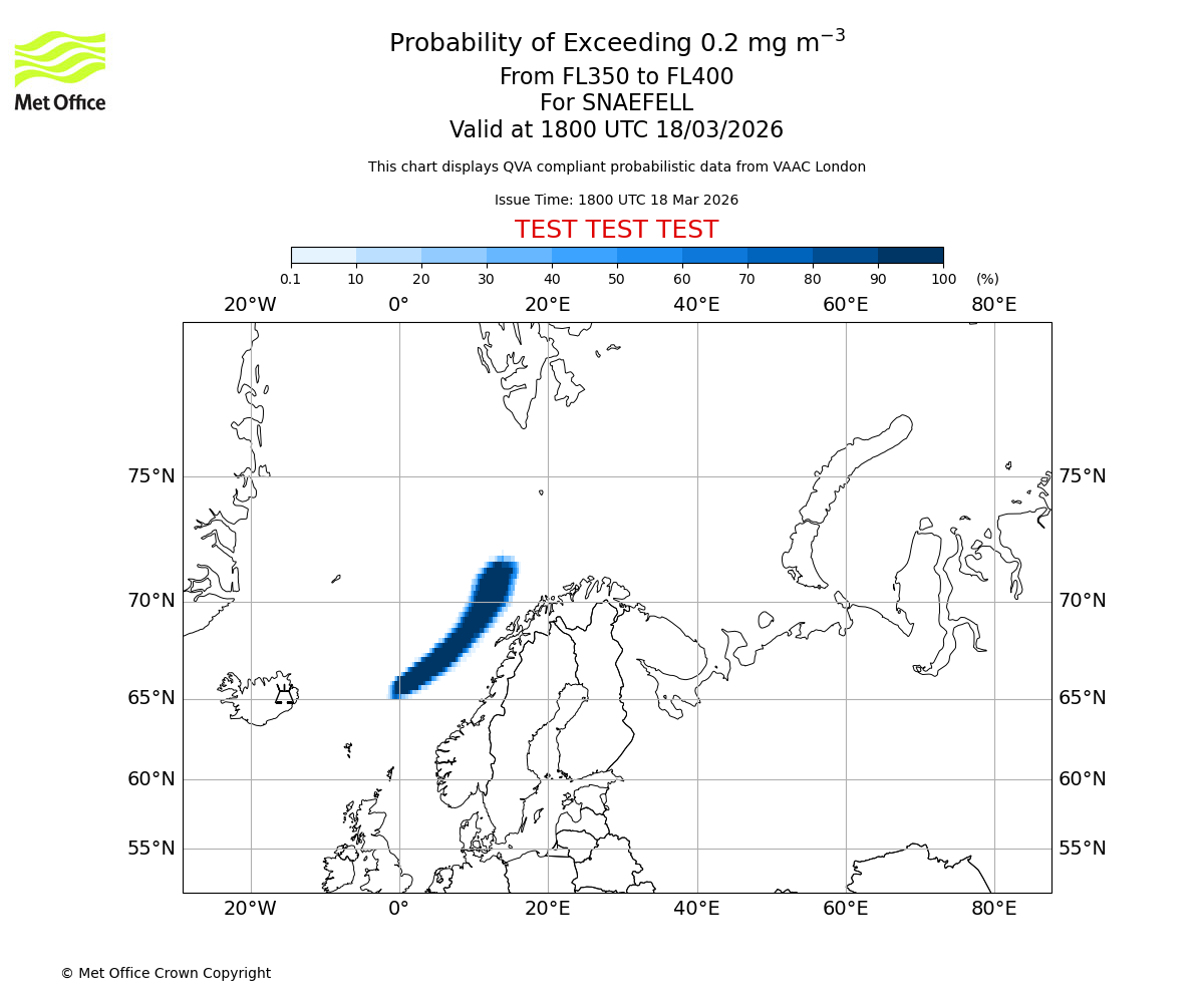 Probability of exceeding 0.2 milligrams per metre cubed. From 350 to 400 for SNAEFELL. Valid at 1800 UTC 18/03/2026