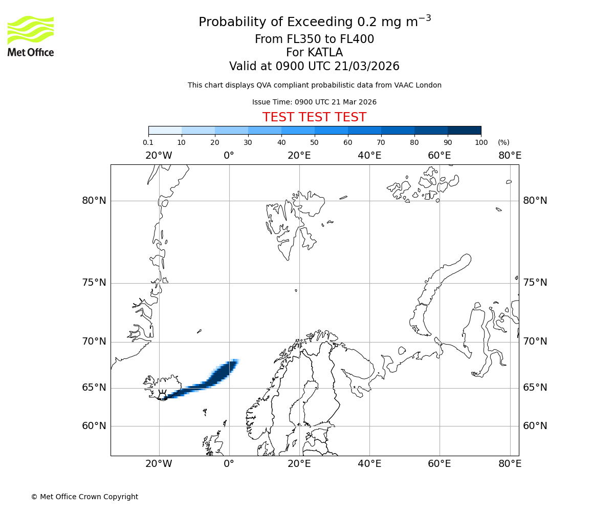 Probability of exceeding 0.2 milligrams per metre cubed. From 350 to 400 for KATLA. Valid at 0900 UTC 21/03/2026