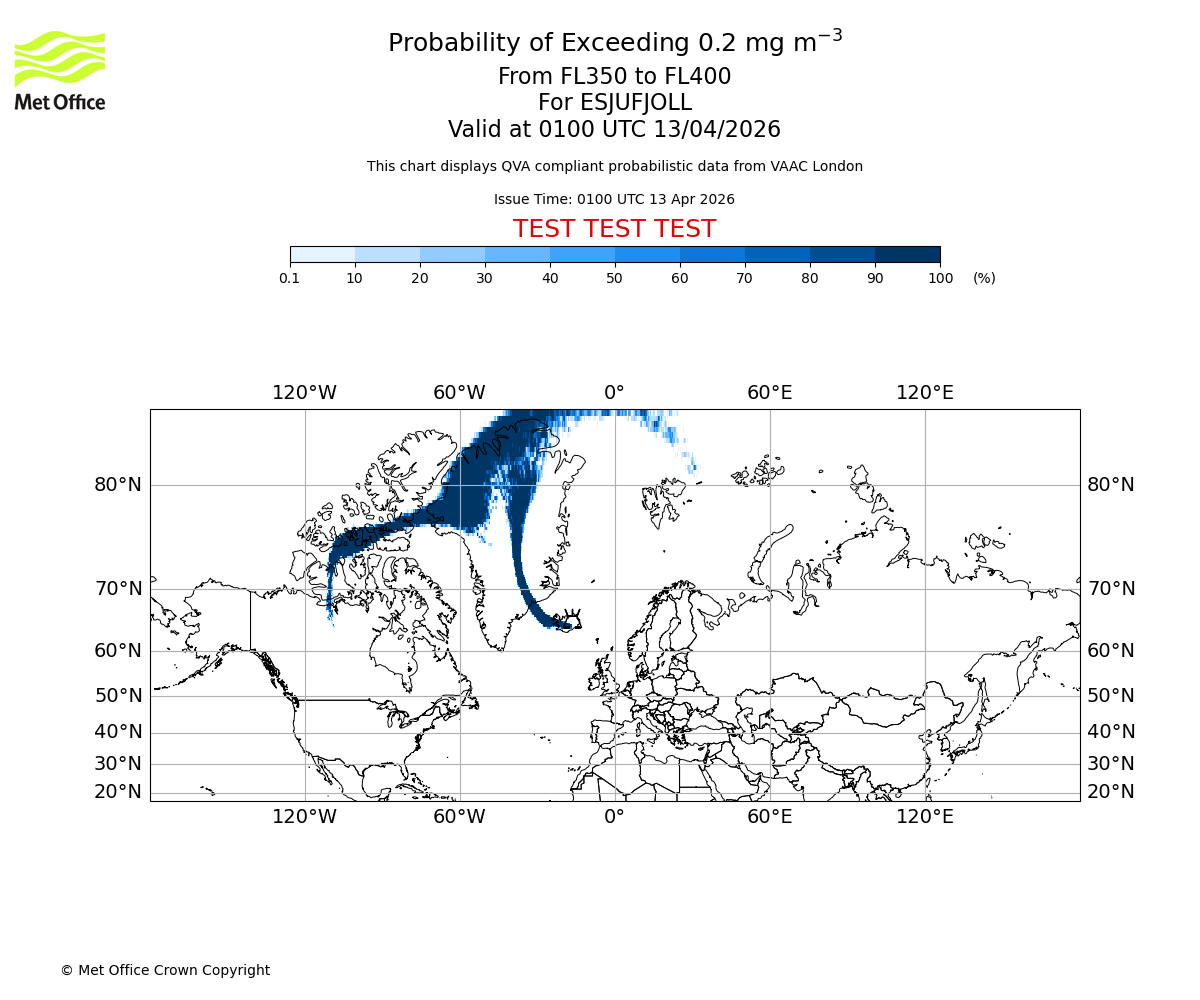 Probability of exceeding 0.2 milligrams per metre cubed. From 350 to 400 for ESJUFJOLL. Valid at 0100 UTC 13/04/2026