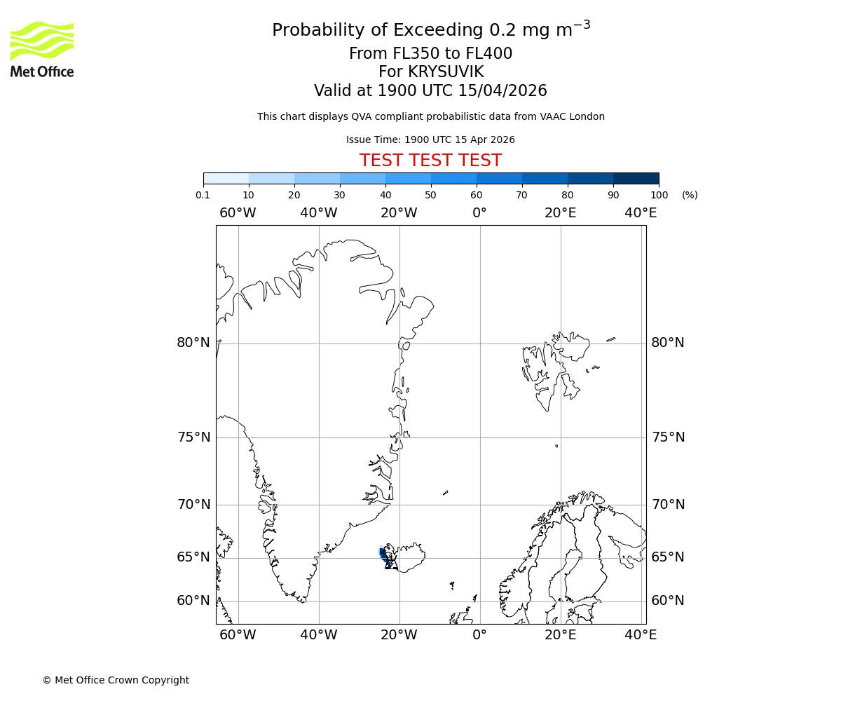 Probability of exceeding 0.2 milligrams per metre cubed. From 350 to 400 for KRYSUVIK. Valid at 1900 UTC 15/04/2026