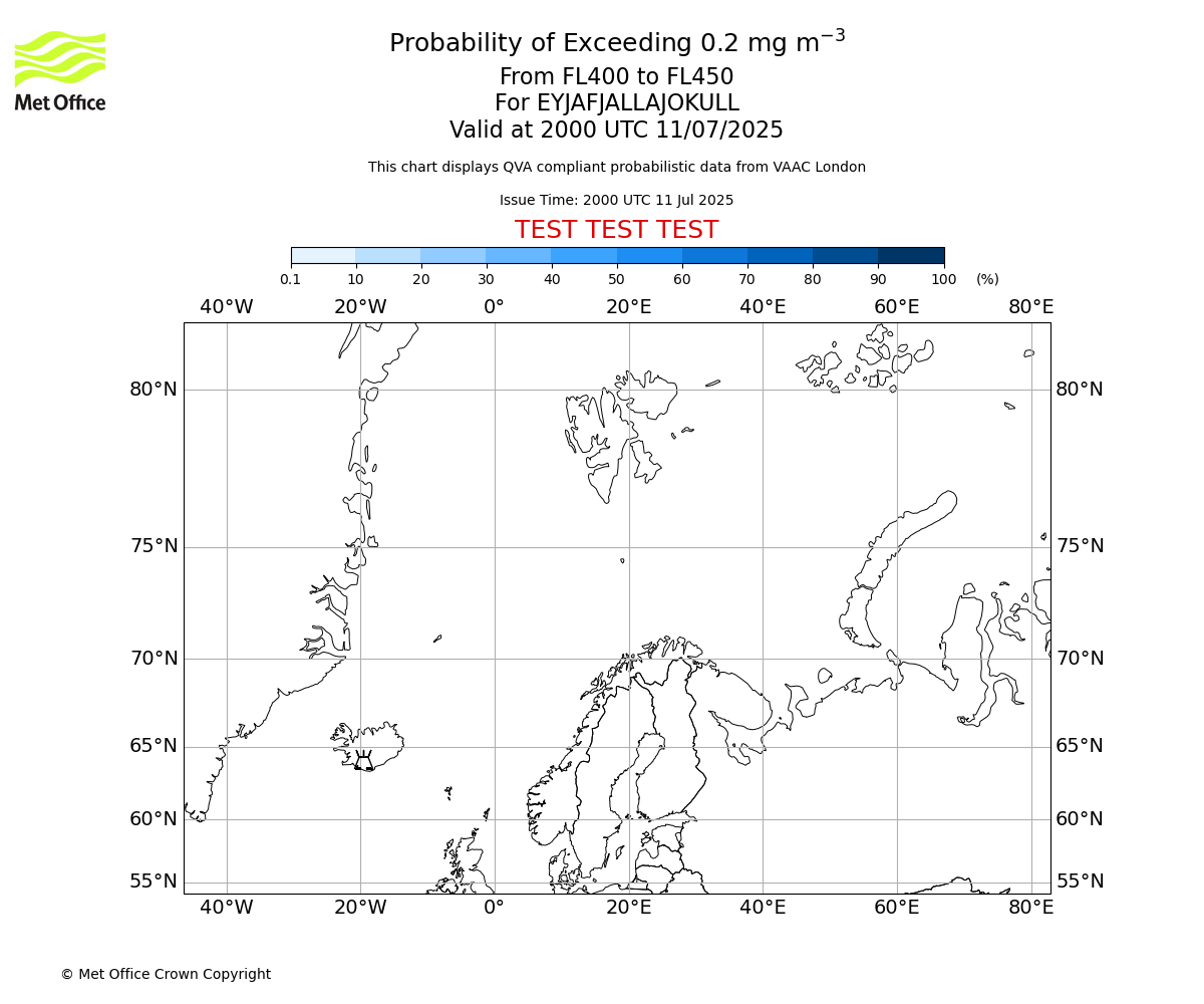 Probability of exceeding 0.2 milligrams per metre cubed. From 400 to 450 for EYJAFJALLAJOKULL. Valid at 2000 UTC 11/07/2025