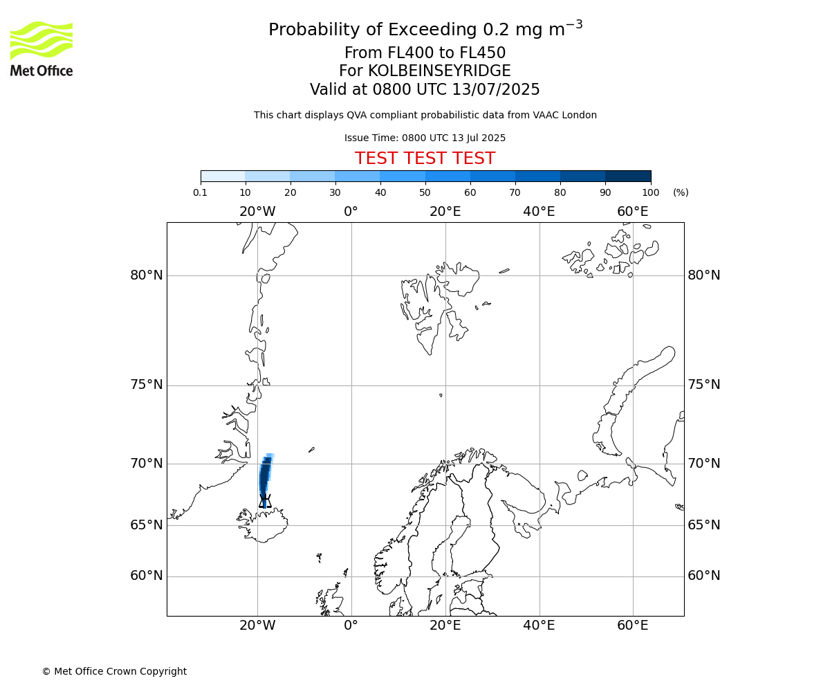 Probability of exceeding 0.2 milligrams per metre cubed. From 400 to 450 for KOLBEINSEYRIDGE. Valid at 0800 UTC 13/07/2025