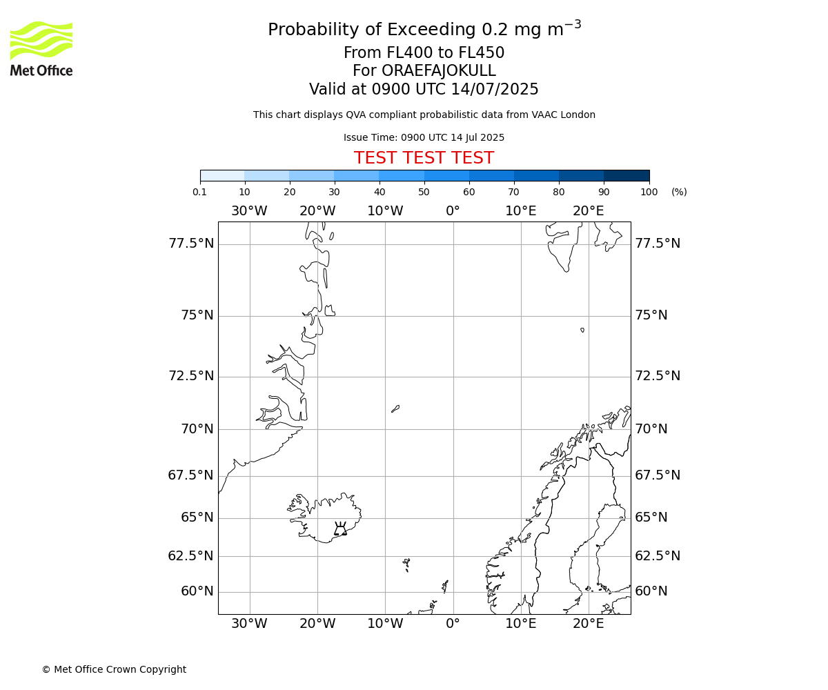 Probability of exceeding 0.2 milligrams per metre cubed. From 400 to 450 for ORAEFAJOKULL. Valid at 0900 UTC 14/07/2025