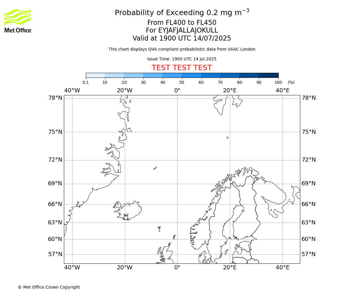 Probability of exceeding 0.2 milligrams per metre cubed. From 400 to 450 for EYJAFJALLAJOKULL. Valid at 1900 UTC 14/07/2025