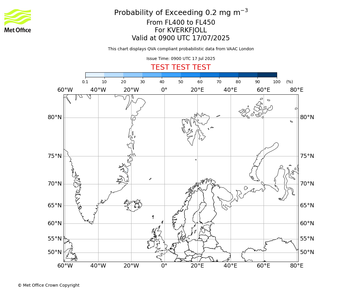 Probability of exceeding 0.2 milligrams per metre cubed. From 400 to 450 for KVERKFJOLL. Valid at 0900 UTC 17/07/2025