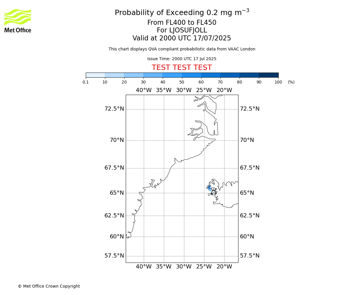 Probability of exceeding 0.2 milligrams per metre cubed. From 400 to 450 for LJOSUFJOLL. Valid at 2000 UTC 17/07/2025