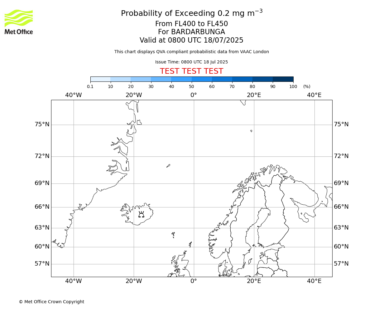 Probability of exceeding 0.2 milligrams per metre cubed. From 400 to 450 for BARDARBUNGA. Valid at 0800 UTC 18/07/2025