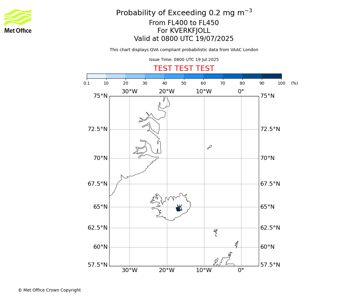 Probability of exceeding 0.2 milligrams per metre cubed. From 400 to 450 for KVERKFJOLL. Valid at 0800 UTC 19/07/2025