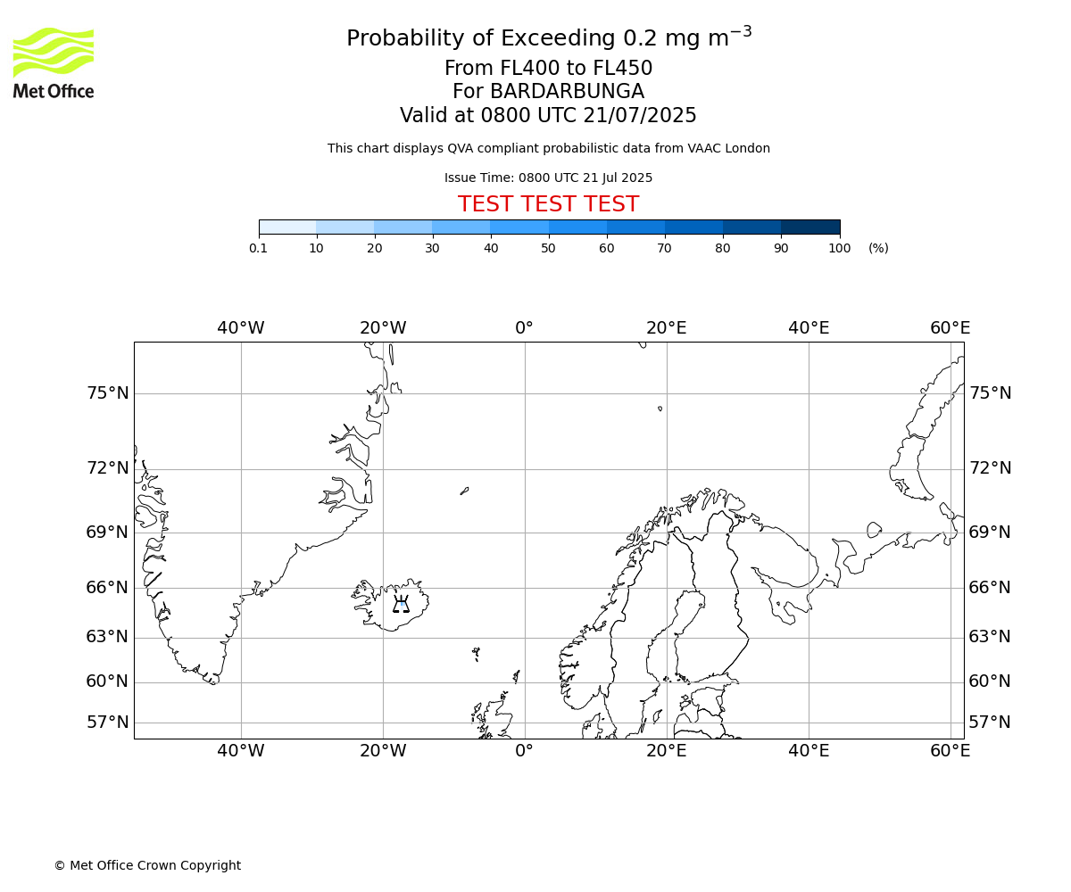Probability of exceeding 0.2 milligrams per metre cubed. From 400 to 450 for BARDARBUNGA. Valid at 0800 UTC 21/07/2025