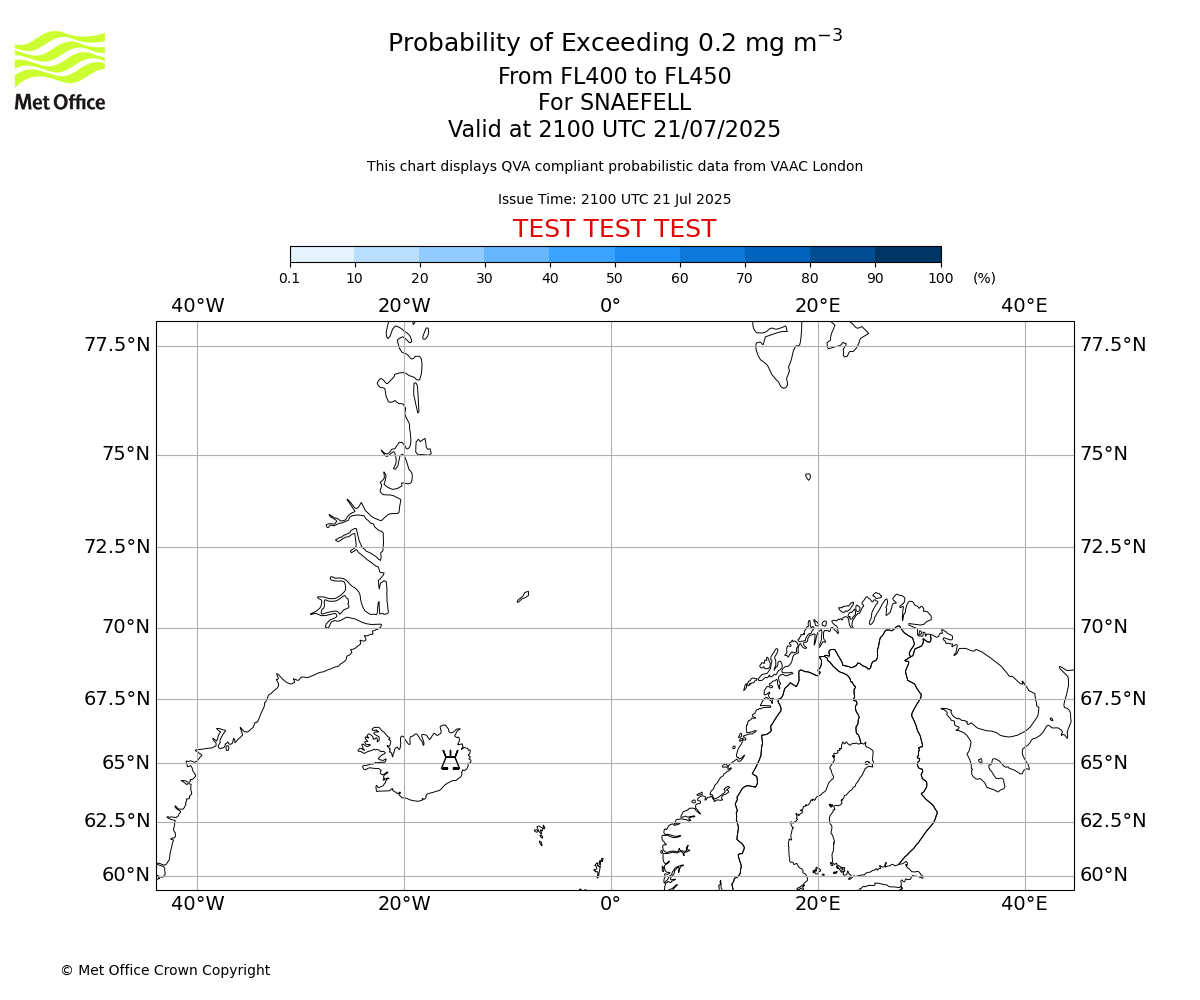 Probability of exceeding 0.2 milligrams per metre cubed. From 400 to 450 for SNAEFELL. Valid at 2100 UTC 21/07/2025