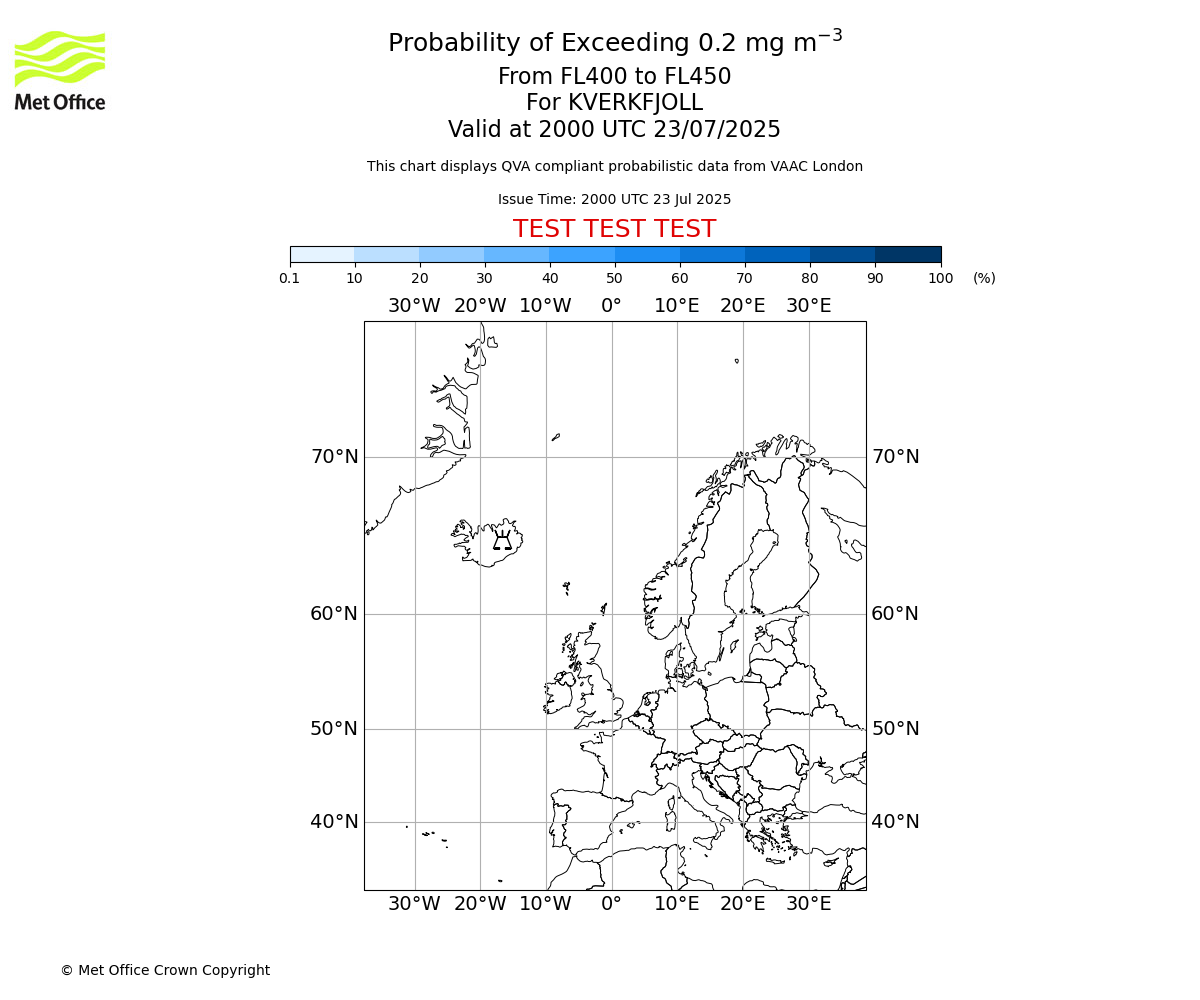 Probability of exceeding 0.2 milligrams per metre cubed. From 400 to 450 for KVERKFJOLL. Valid at 2000 UTC 23/07/2025